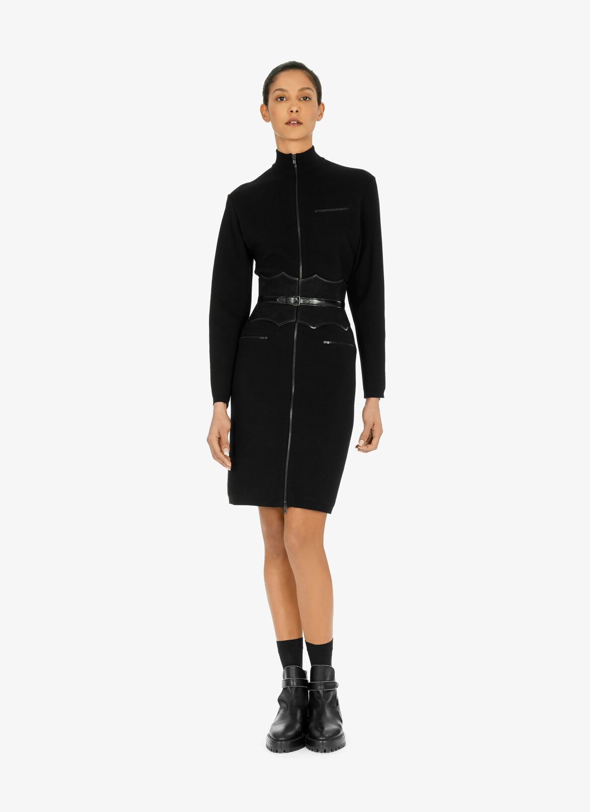 Straight-cut wool jersey and stretch viscose dress ALAÏA BLACK STRAIGHT-CUT WOOL JERSEY AND STRETCH VISCOSE DRESS
